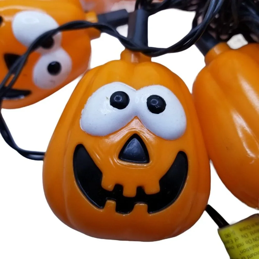 Vintage Jack O' Lantern Happy Halloween String Lights Plastic Blow Mold Pumpkins